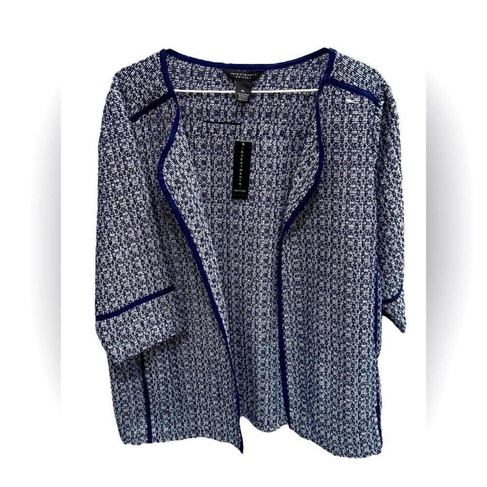 Investments Women's, Navy Seashell Tweed Long 3/4 Sleeve Jacket Size PL New